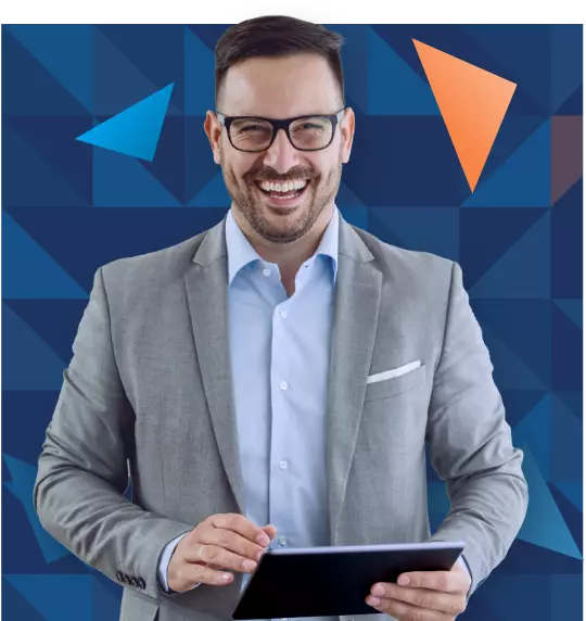 happy guy holding tablet with checkered background